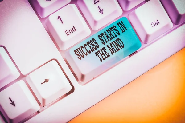 Text sign showing Success Starts In The Mind. Conceptual photo set your mind to positivity it can go a long way White pc keyboard with empty note paper above white background key copy space.