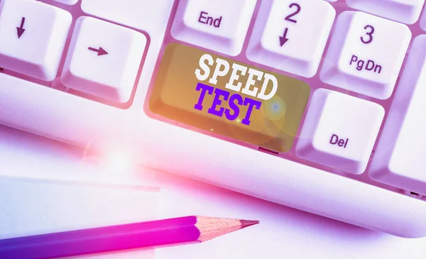 Text sign showing Speed Test. Conceptual photo psychological test for the maximum speed of performing a task White pc keyboard with empty note paper above white background key copy space.