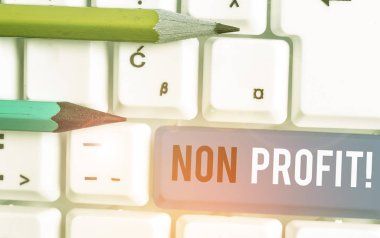 Non Profit 'i gösteren kavramsal el yazısı. Kavram, öncelikli olarak kâr organizasyonu yapmak ya da yönetmemek anlamına gelir