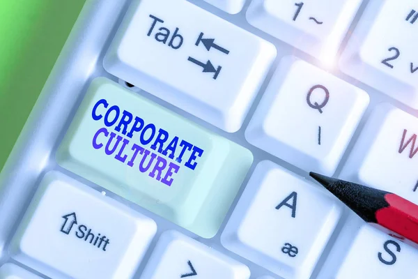 Text sign showing Corporate Culture. Business photo showcasing beliefs and attitudes that characterize a company