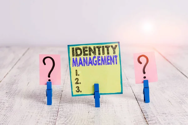 Handwriting text writing Identity Management. Conceptual photo administration of individual identities within a system Scribbled and crumbling sheet with paper clips placed on the wooden table