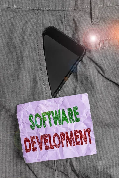 Handwriting text Software Development. Conceptual photo software is created using a specific programming Smartphone device inside formal work trousers front pocket near note paper