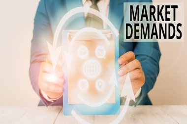 Writing note showing Market Deanalysisds. Business concept for Gather facts about situations that affect marketplace