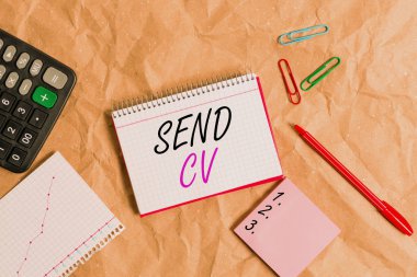 Conceptual hand writing showing Send Cv. Concept meaning pass resume to identify the skills or talents specific to the job Papercraft desk square spiral notebook office study supplies