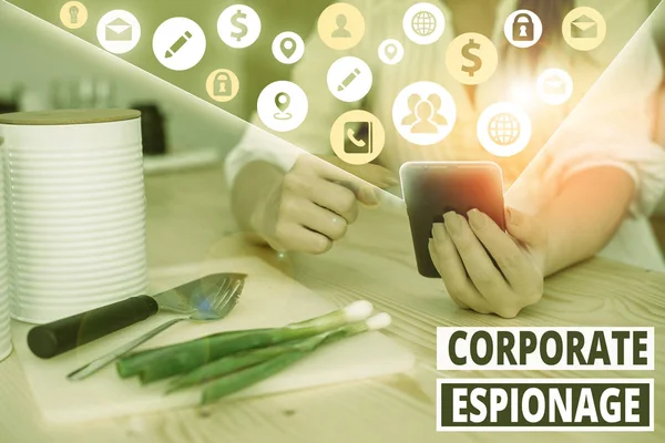 Writing note showing Corporate Espionage. Business concept for form of espionage conducted for commercial purpose