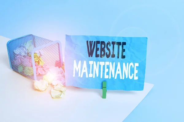Conceptual hand writing showing Website Maintenance. Concept meaning act of regularly checking your website for issues Trash bin crumpled paper clothespin reminder office supplies