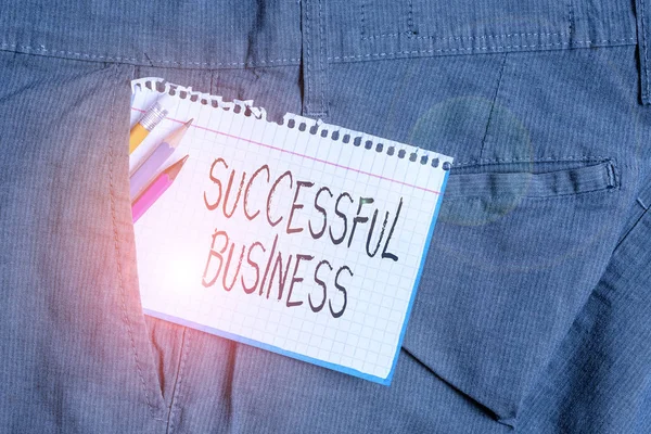 Word writing text Successful Business. Business photo showcasing Achievement of goals within a specified period of time Writing equipment and white note paper inside pocket of man work trousers