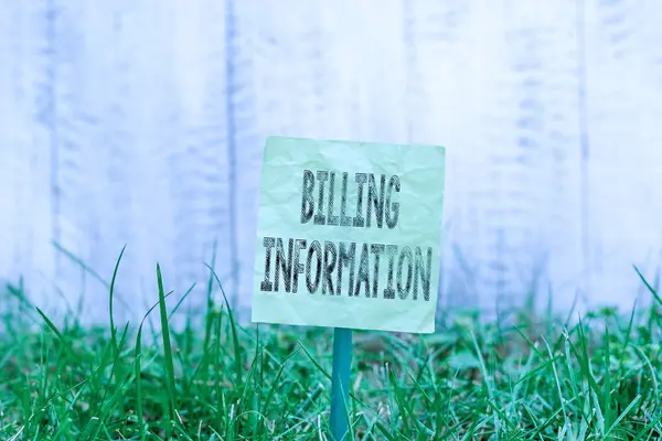 Writing note showing Billing Information. Business concept for address connected to a specific form of payment Plain paper attached to stick and placed in the grassy land