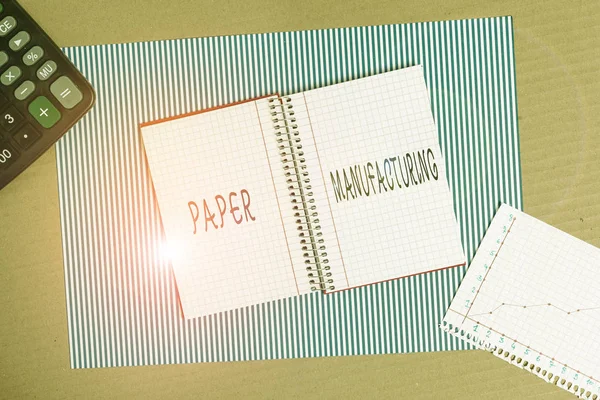 Word writing text Paper Manufacturing. Business photo showcasing company that use wood as raw material and produce paper Striped paperboard notebook cardboard office study supplies chart paper