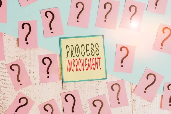 Handwriting text writing Process Improvement. Conceptual photo ongoing effort to improve products services or processes Scribbled and crumbling papers with thick cardboard above wooden table