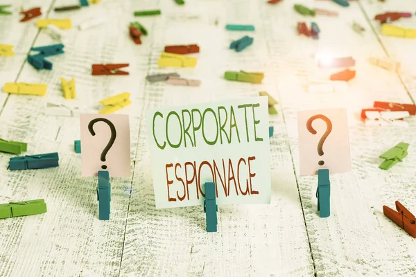 Text sign showing Corporate Espionage. Business photo showcasing form of espionage conducted for commercial purpose Scribbled and crumbling sheet with paper clips placed on the wooden table