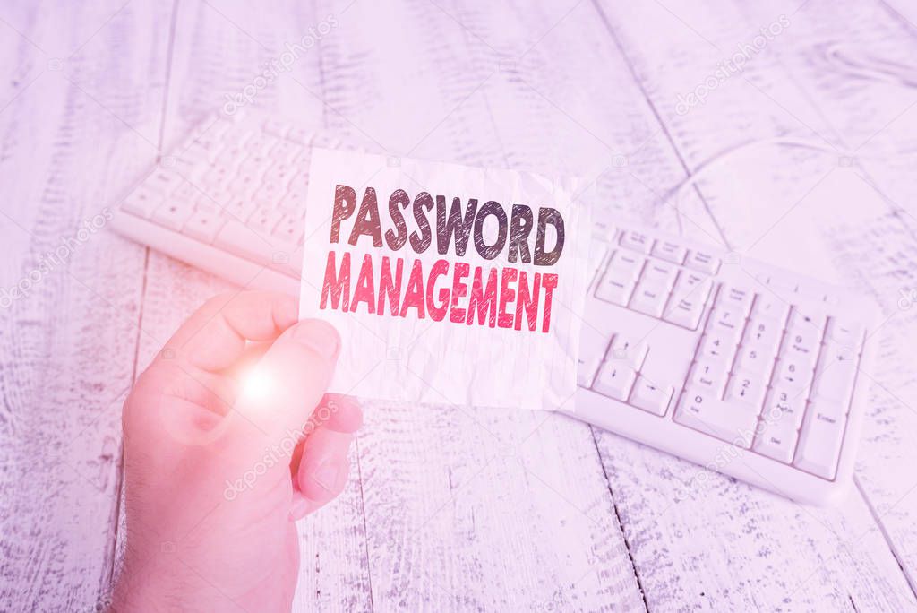 Writing note showing Password Management. Business concept for software used to help users better analysisage passwords Man holding colorful reminder square shaped paper wood floor
