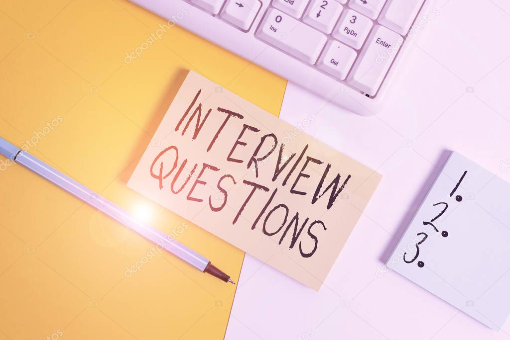 Writing note showing Interview Questions. Business concept for Typical topic being ask or inquire during an interview Paper with copy space and keyboard above orange background table
