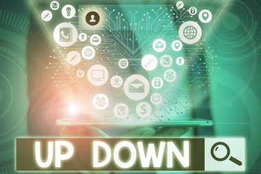 Up Down 'ı gösteren kavramsal el yazısı. Anlamı, bakmak ya da moralimi bozmak Bakmak ya da tamamen mahvolmuş hissetmek