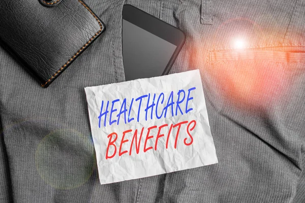 Text sign showing Healthcare Benefits. Business photo text use the health services without risk of financial ruin Smartphone device inside trousers front pocket with wallet and note paper