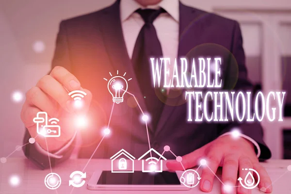 Text sign showing Wearable Technology. Business photo showcasing electronic devices that can be worn as accessories
