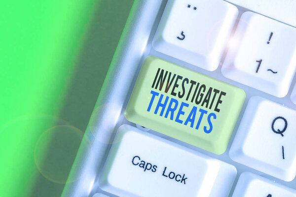 Writing note showing Investigate Threats. Business concept for carry out a systematic inquiry on potential danger