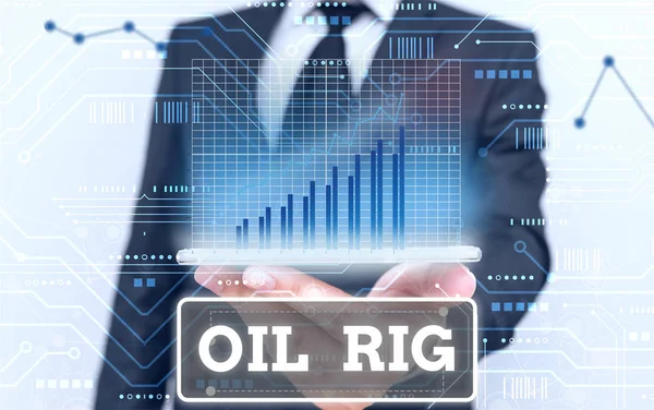 石油リグを示す概念的な手の書き込み 海底下から油を除去する装置を有する大規模構造物をいう — ストック写真