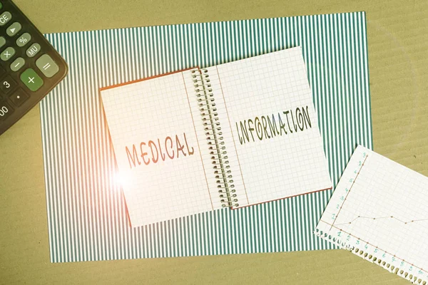 Word writing text Medical Information. Business photo showcasing Healthrelated information of a patient or a demonstrating Striped paperboard notebook cardboard office study supplies chart paper