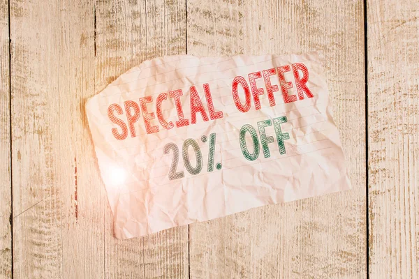 Text sign showing Special Offer 20 Off. Business photo showcasing Discounts promotion Sales Retail Marketing Offer Crumpled torn paper half broken placed above classic wooden background
