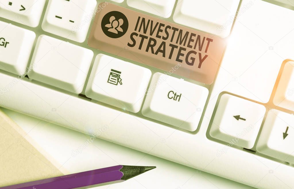 Text sign showing Investment Strategy. Business photo showcasing the systematic plan to allocate investable assets