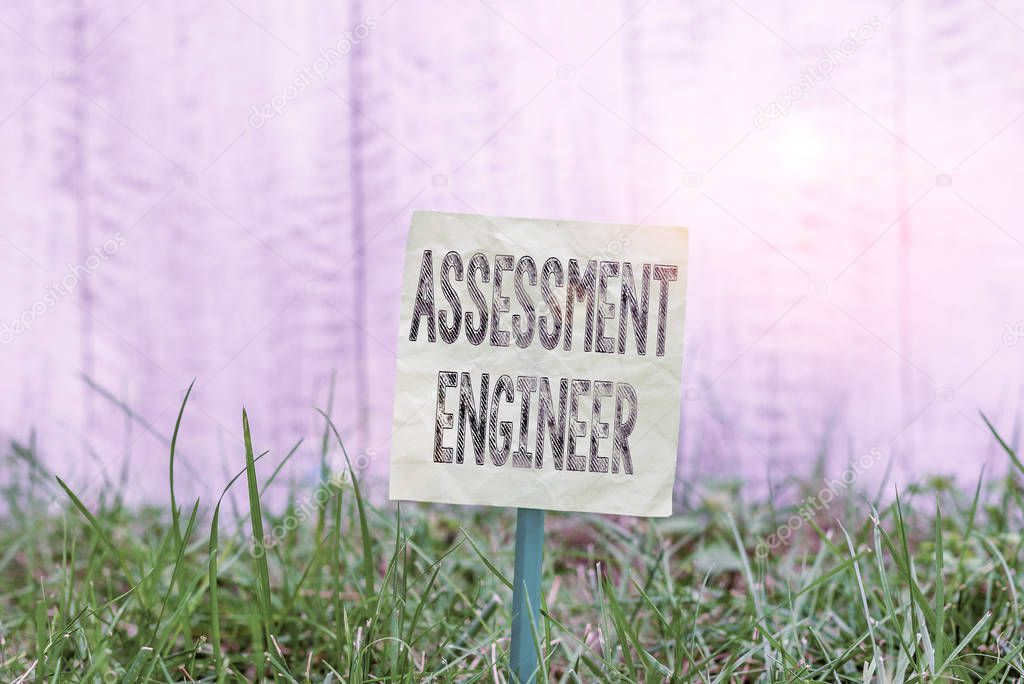 Writing note showing Assessment Engineer. Business concept for gives solutions to the complexities of developing tests Plain paper attached to stick and placed in the grassy land