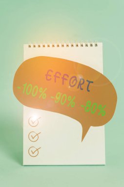 Word writing text Effort 100 90 80. Business photo showcasing Level of determination discipline motivation Standing blank spiral notepad speech bubble lying cool pastel background