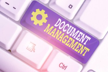 Belge Yönetimini gösteren not yazılıyor. Elektronik belgelerin bilgisayarlı analizini gösteren iş fotoğrafı.