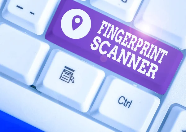 Nota di scrittura che mostra l'analizzatore di impronte digitali. Mostra fotografica aziendale Utilizza le impronte digitali per la convalida biometrica per garantire l'accesso . — Foto Stock