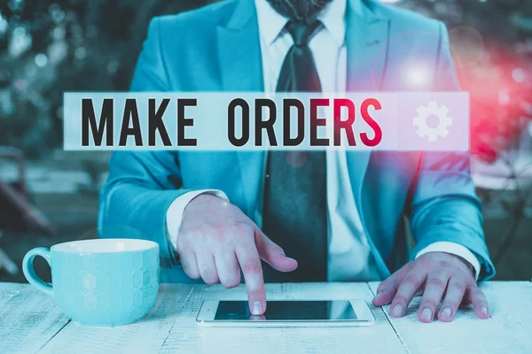 Word writing text Make Orders. Business photo showcasing A confirmed request by one party to another to buy or sell Businessman with pointing finger in front of him