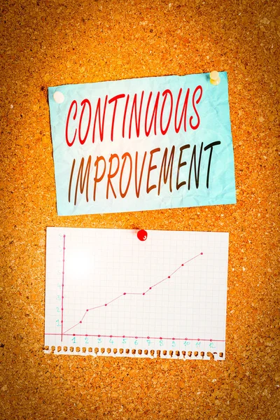Writing note showing Continuous Improvement. Business concept for ongoing effort to improve products or processes Corkboard size paper thumbtack sheet billboard notice board