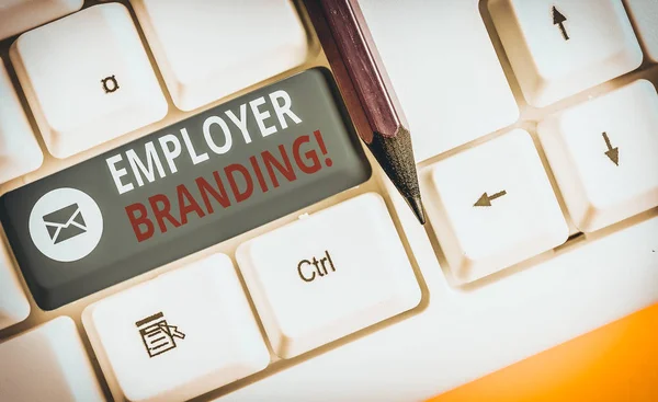 Writing note showing Employer Branding. Business concept for promoting company employer choice to desired target group White pc keyboard with note paper above the white background