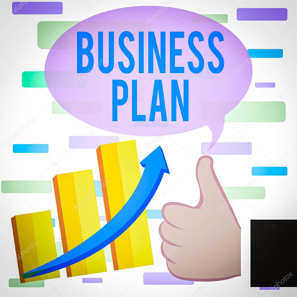 Writing note showing Business Plan. Business concept for Structural Strategy Goals and Objectives Financial Projections Thumb Up Good Performance Success Escalating Bar Graph Ascending Arrow