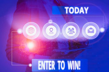 Enter To Win 'i gösteren kavramsal el yazısı. Bir şeyi ödül ya da fotoğraf ağı şemasını modern akıllı aygıtla kazanma şansı karşılığında takas etmek anlamına geliyor.