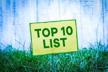 İlk 10 Listesi 'ni yazan el yazısı metni. Kavramsal fotoğraf belirli bir listedeki en önemli ya da en başarılı on öğe bir çubuğa bağlanmış ve yeşil çimenli topraklara yerleştirilmiş boş kağıt