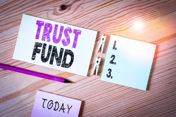 Conceptual hand writing showing Trust Fund. Concept meaning money that is being held by the trustees for the beneficiaries Colored crumpled papers wooden floor background clothespin