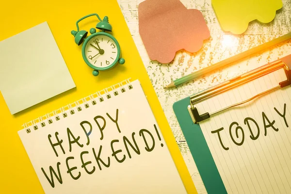 Writing Note Showing Happy Weekend Business Concept Something Nice Has — Stock Photo, Image