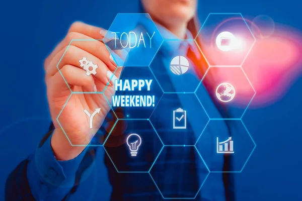 Text sign showing Happy Weekend. Business photo showcasing something nice has happened or they feel satisfied with life Woman wear formal work suit present presentation using smart latest device