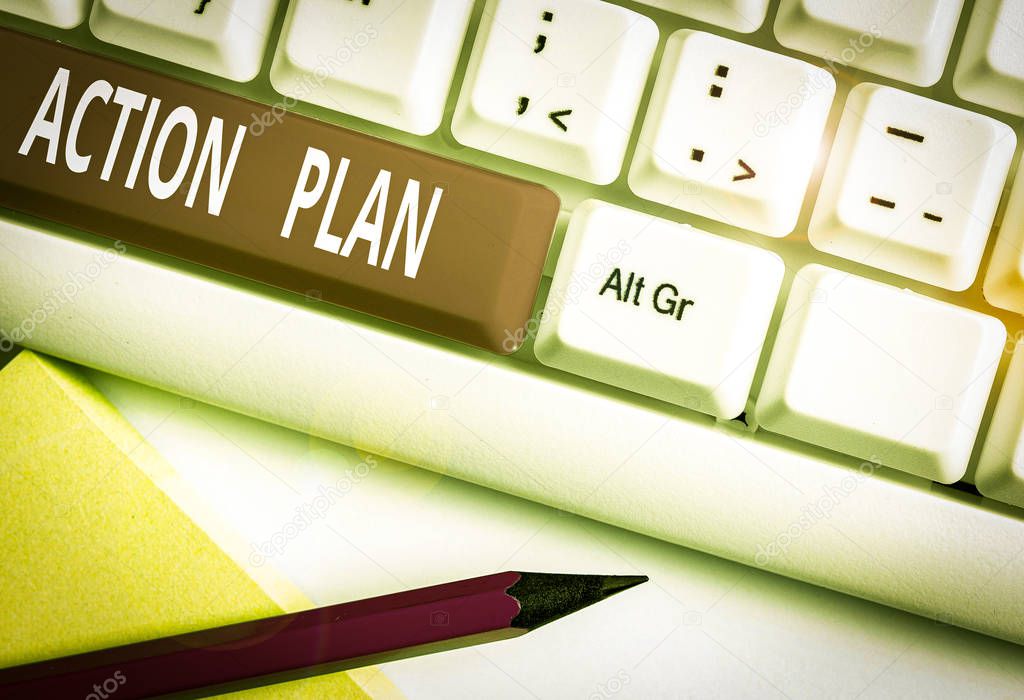 Text sign showing Action Plan. Business photo text detailed plan outlining actions needed to reach goals or vision White pc keyboard with empty note paper above white background key copy space