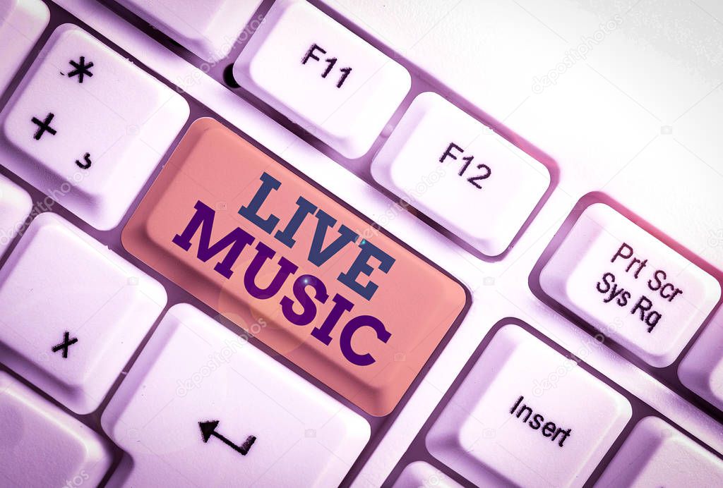 Handwriting text writing Live Music. Conceptual photo perforanalysisce given by one or more singers or instrumentalists White pc keyboard with empty note paper above white background key copy space