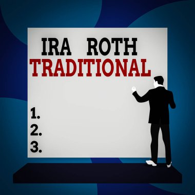 Ira Roth Geleneksel 'i gösteren kavramsal el yazısı. Anlamı, hem devlet hem de federal açıdan vergiden muaf tutulabilir. Platform giymiş, boş dikdörtgene bakan adam.