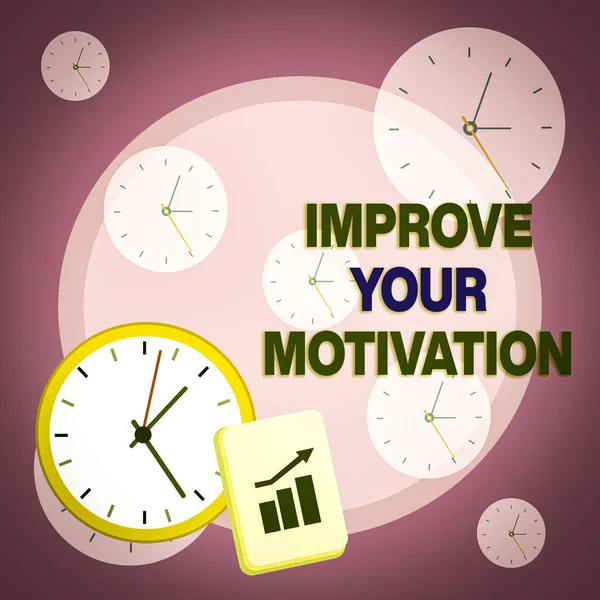 Writing note showing Improve Your Motivation. Business concept for Boost your self drive Enhance Motives and Goals Layout Wall Clock Notepad with Escalating Bar Graph Arrow