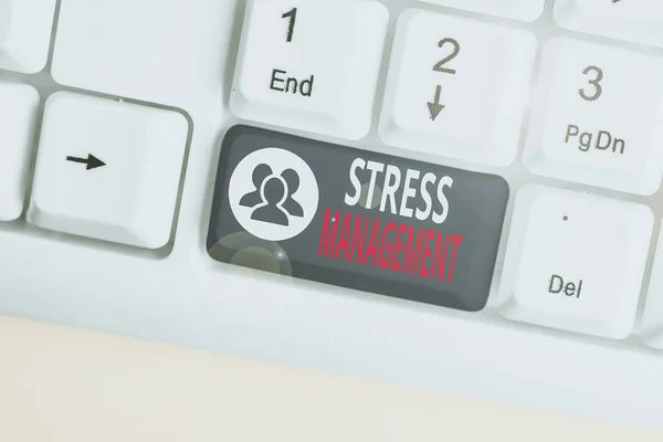 Text sign showing Stress Management. Business photo showcasing method of limiting stress and its effects by learning ways White pc keyboard with empty note paper above white background key copy space