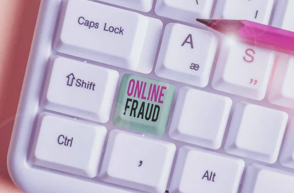 Text sign showing Online Fraud. Business photo showcasing use of Internet services to deceive victims and steal money White pc keyboard with empty note paper above white background key copy space