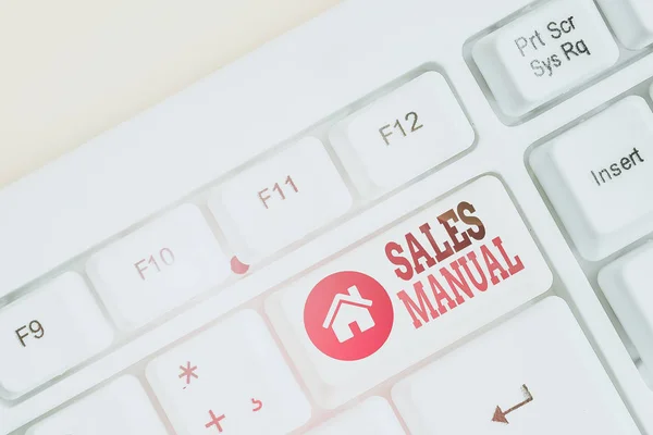 Text sign showing Sales Manual. Business photo text set of printed materials containing product descriptions White pc keyboard with empty note paper above white background key copy space