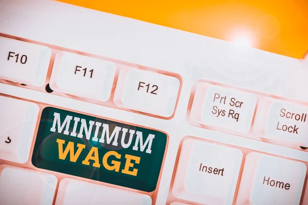 Word writing text Minimum Wage. Business photo showcasing the lowest wage permitted by law or by a special agreement White pc keyboard with empty note paper above white background key copy space
