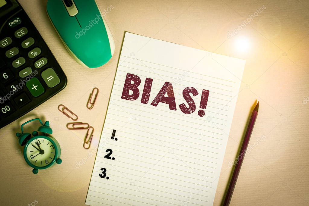 Word writing text Bias. Business photo showcasing inclination or prejudice for or against one demonstrating group Calculator clips alarm clock mouse sheet pencil colored background