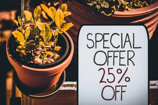 Writing note showing Special Offer 25 Percent Off. Business concept for Discounts promotion Sales Retail Marketing Offer Plentiful plants on a small pot placed side by side with a large one