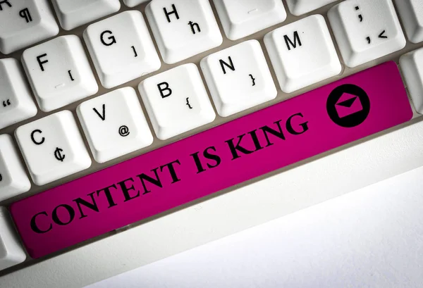 Text sign showing Content Is King. Business photo showcasing believe that content is central to the success of a website White pc keyboard with empty note paper above white background key copy space