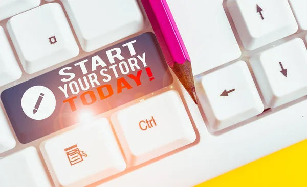 Conceptual hand writing showing Start Your Story Today. Concept meaning work hard on yourself and begin from this moment White pc keyboard with note paper above the white background